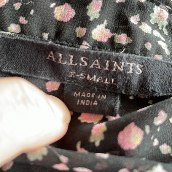 ALL SAINTS DEIRDE PEPPER SHIRT, TIE DETAILS, TIERED, FLOWY, BLACK/PINK SZ XS - Picture 9 of 10